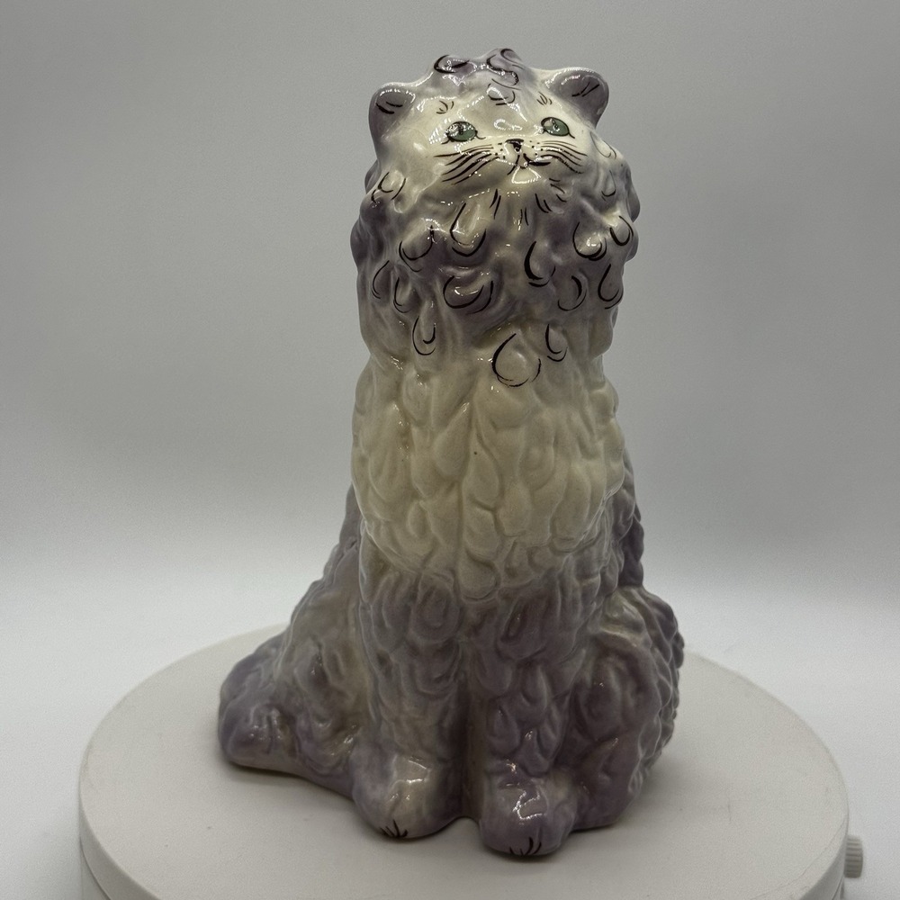 Vtg Persian? Floofy Cat Green Big Eyes Figurine Ceramic 1950s Lavender Painted